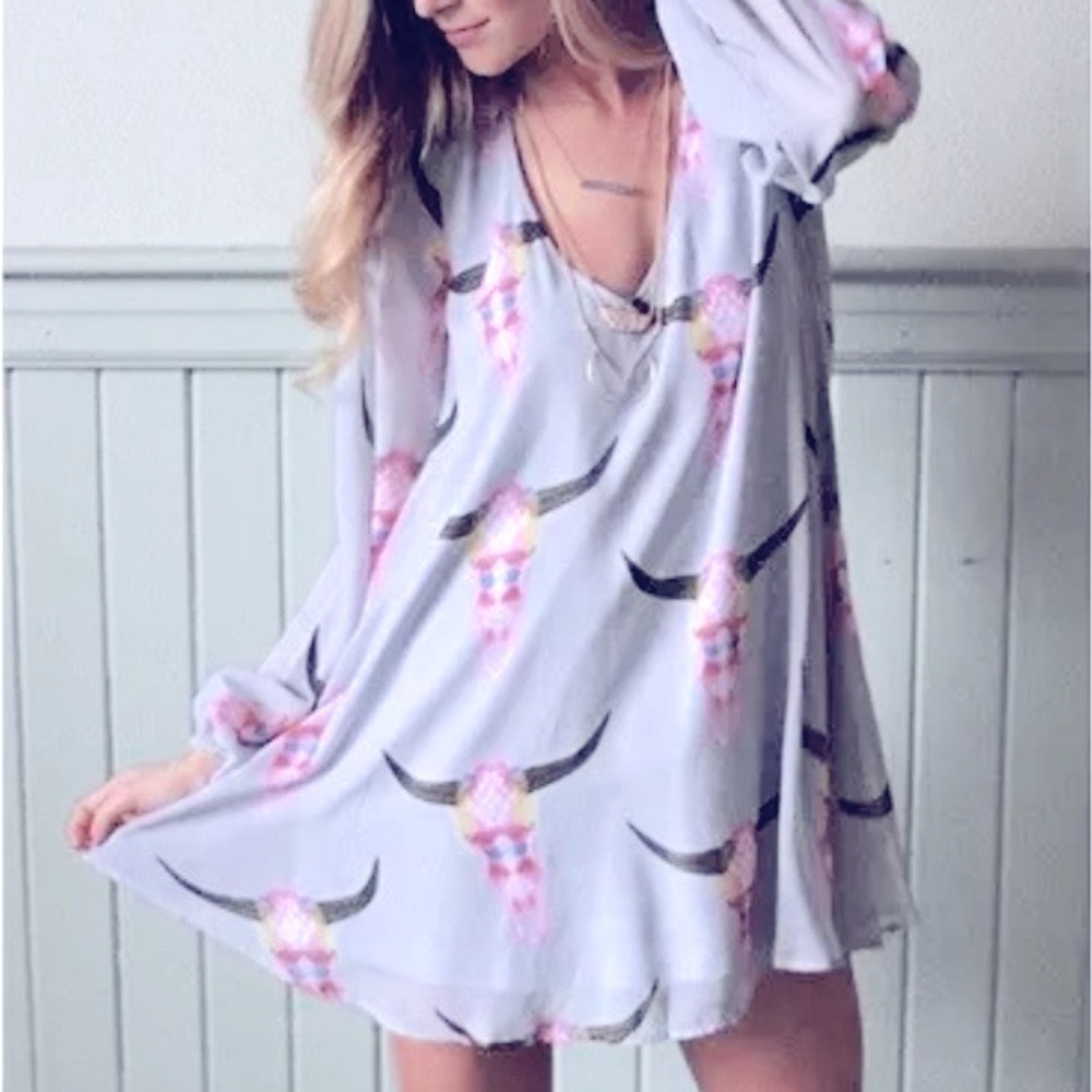 SHOW ME YOUR MUMU Balloon Sleeve Tunic Dress Boho Longhorn Skull Colorful Mini